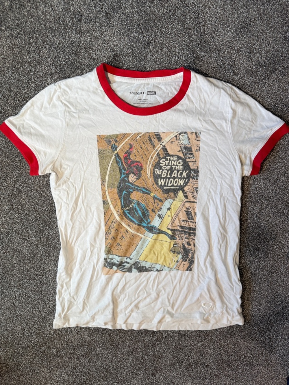 Women’s Coach XS White Tee with Red Trim and Vintage Comic Graphic